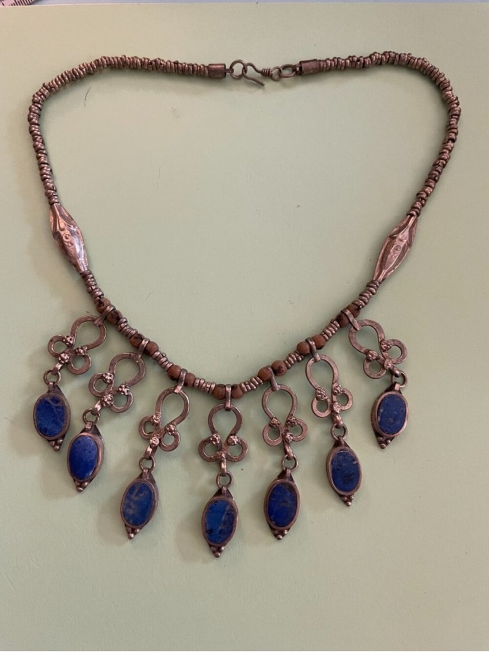 Vintage 60s Lapis Lazuli Brass Handmade Bohemian 18” Statement Necklace Y2K